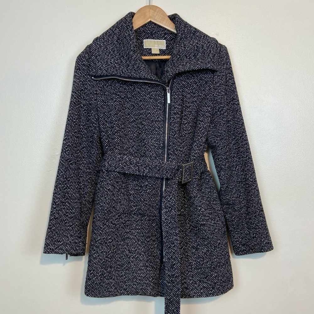 Michael Kors Wool-Blend Belted Zip Coat Size 6 Black & White Textured Tweed
